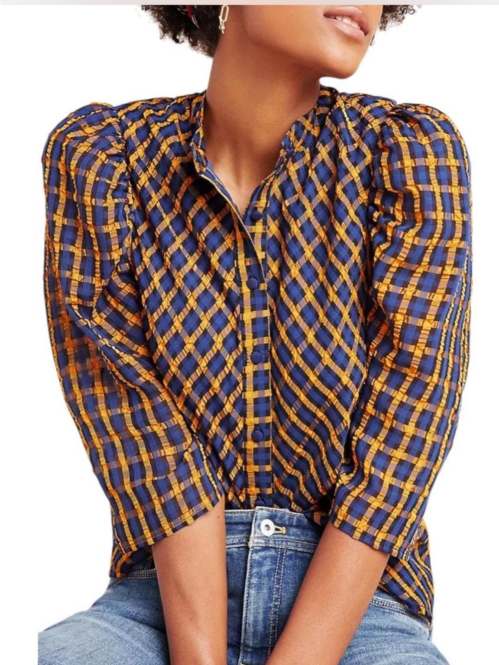 Eva Franco Blue and Mustard Plaid Puff-Sleeve Button Front Blouse
